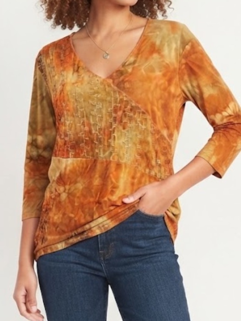 Only Nine Vintage Women's Rust Tie-Dye V-Neck Blouse with 3/4 Sleeves 2X